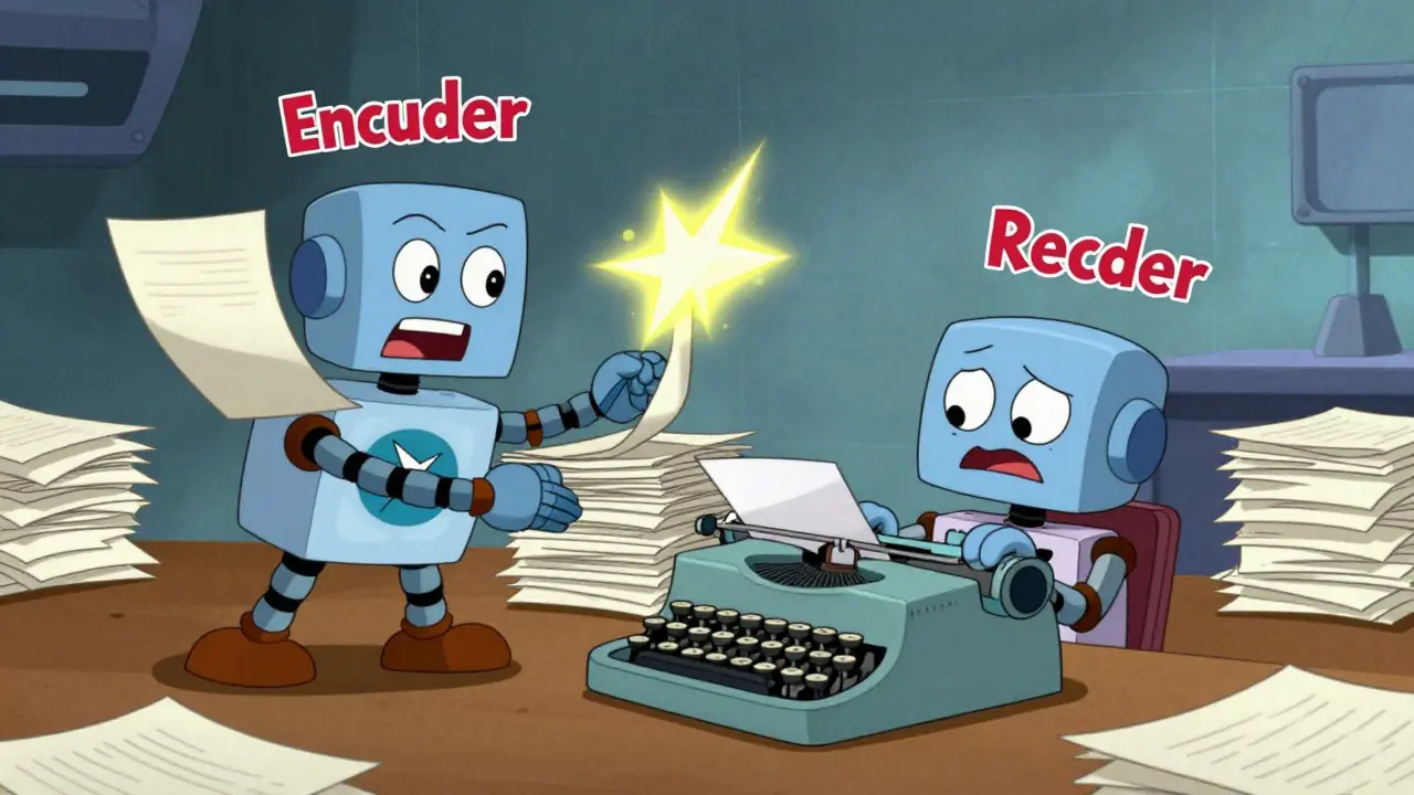 Cartoon robots showing fast parallel processing vs slow sequential typing.