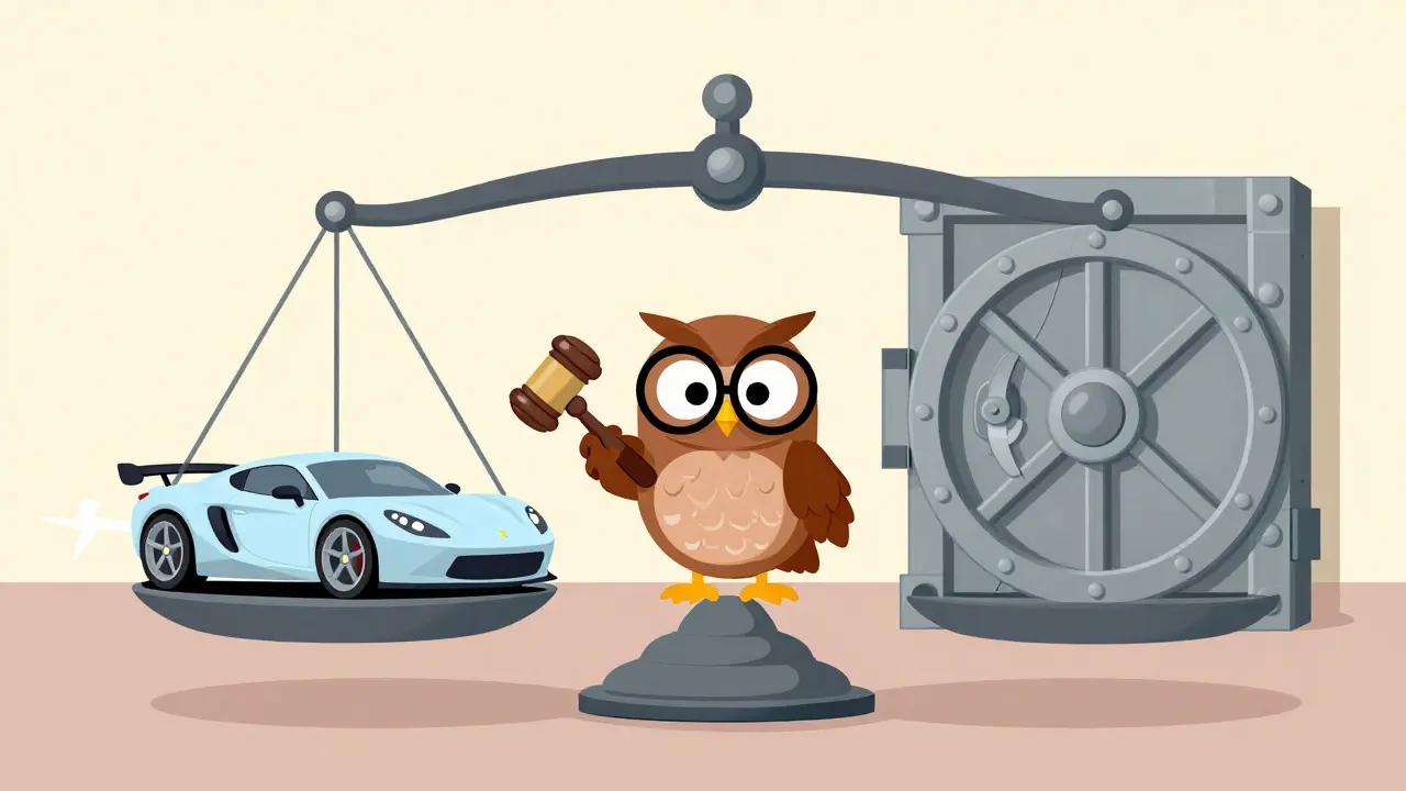 Cartoon scale balancing a fast car and a safe vault with a wise owl judge