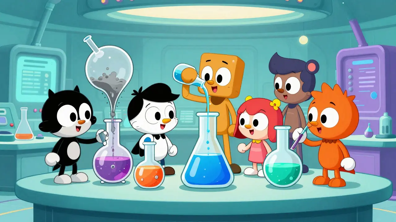 Cartoon scientists filtering noisy data from high-quality information in a colorful lab setting.