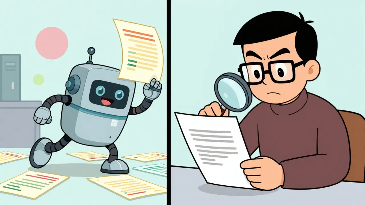 Cartoon showing AI generating data and human reviewing it