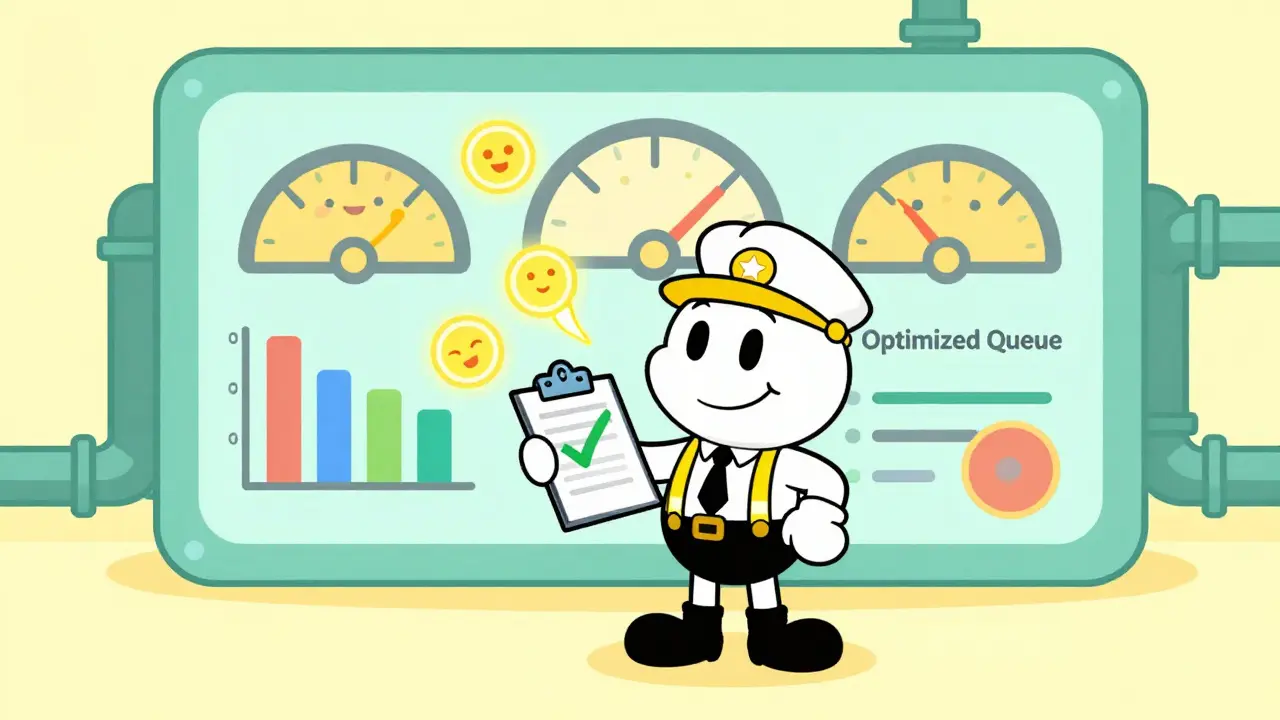 Cheerful engineer monitoring a healthy, optimized LLM performance dashboard with smooth data flow.