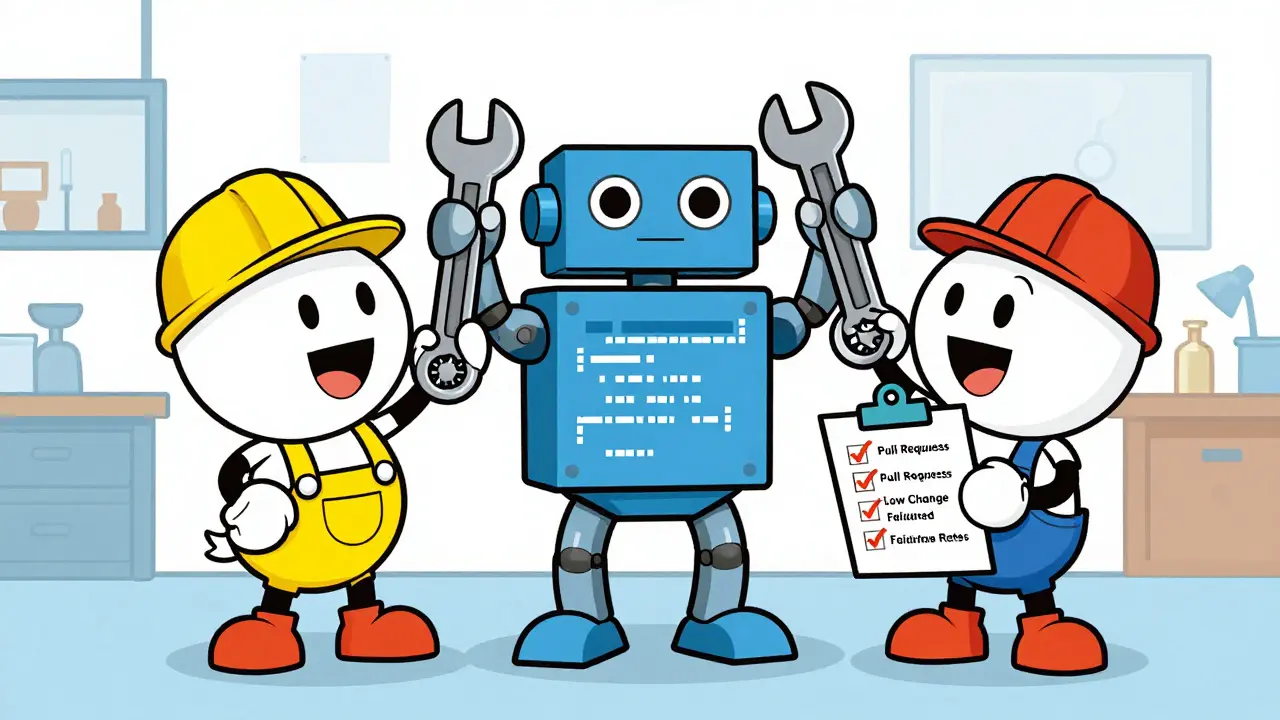 Cheerful engineers fixing a code robot with tools in a clean workshop
