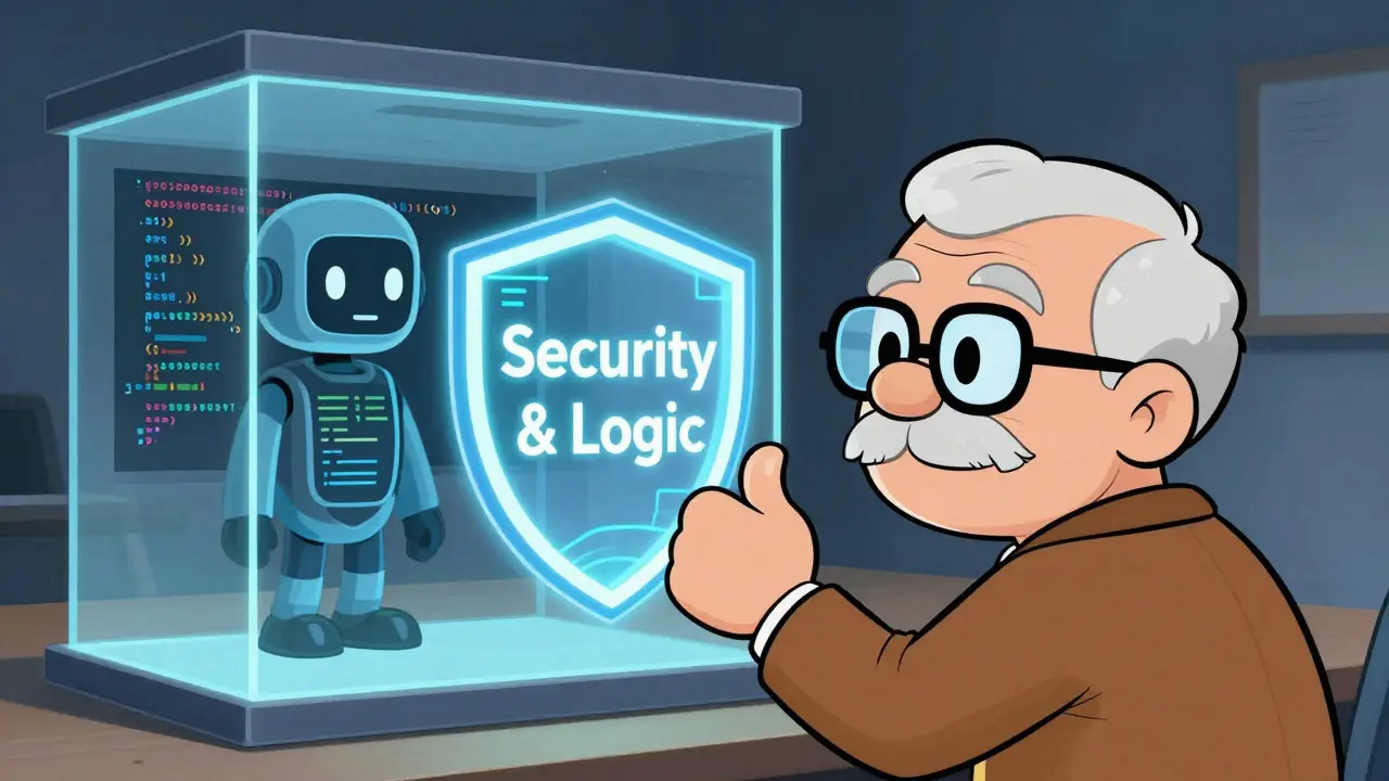 Developer reviewing AI code behind a security shield in Hanna-Barbera style