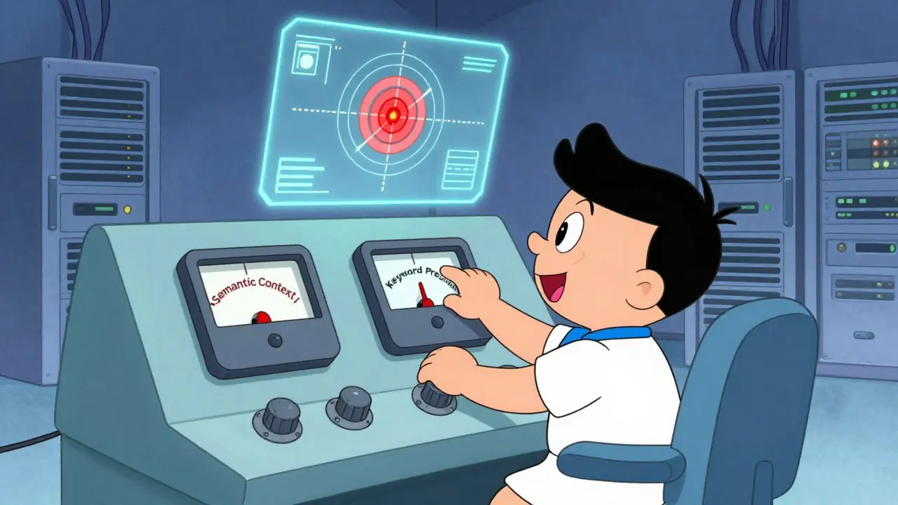 Engineer adjusting dials on a console to balance semantic and keyword search settings.