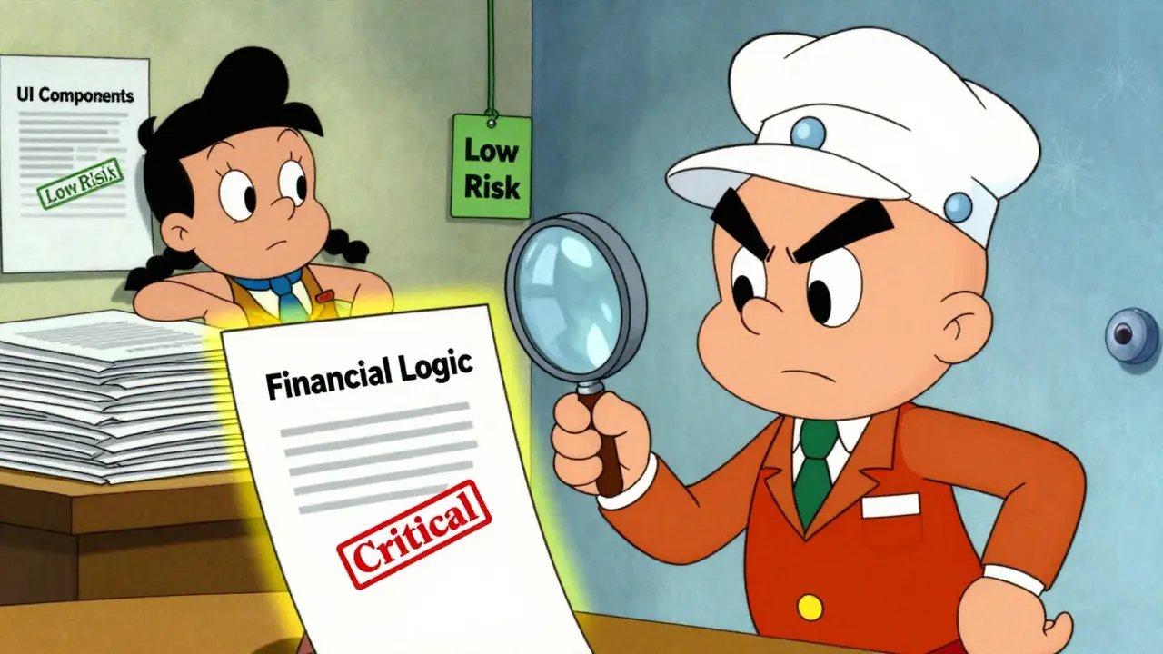 Engineer inspecting critical financial code while UI code sits in background