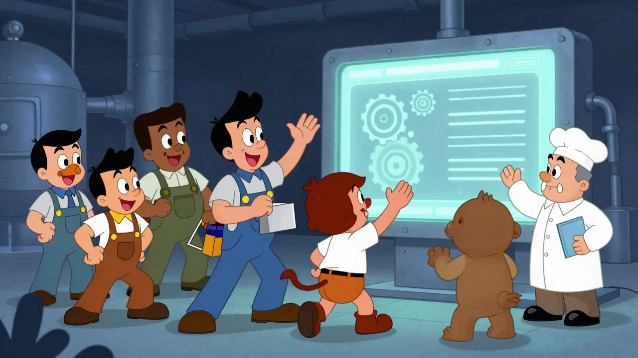 Factory workers happily using a friendly AI interface in a cartoon style