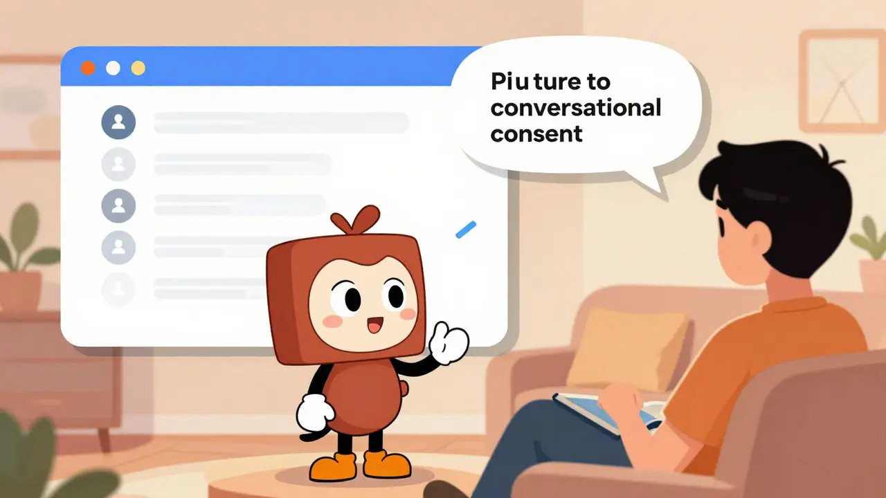 Friendly AI discussing privacy with user via chat bubbles