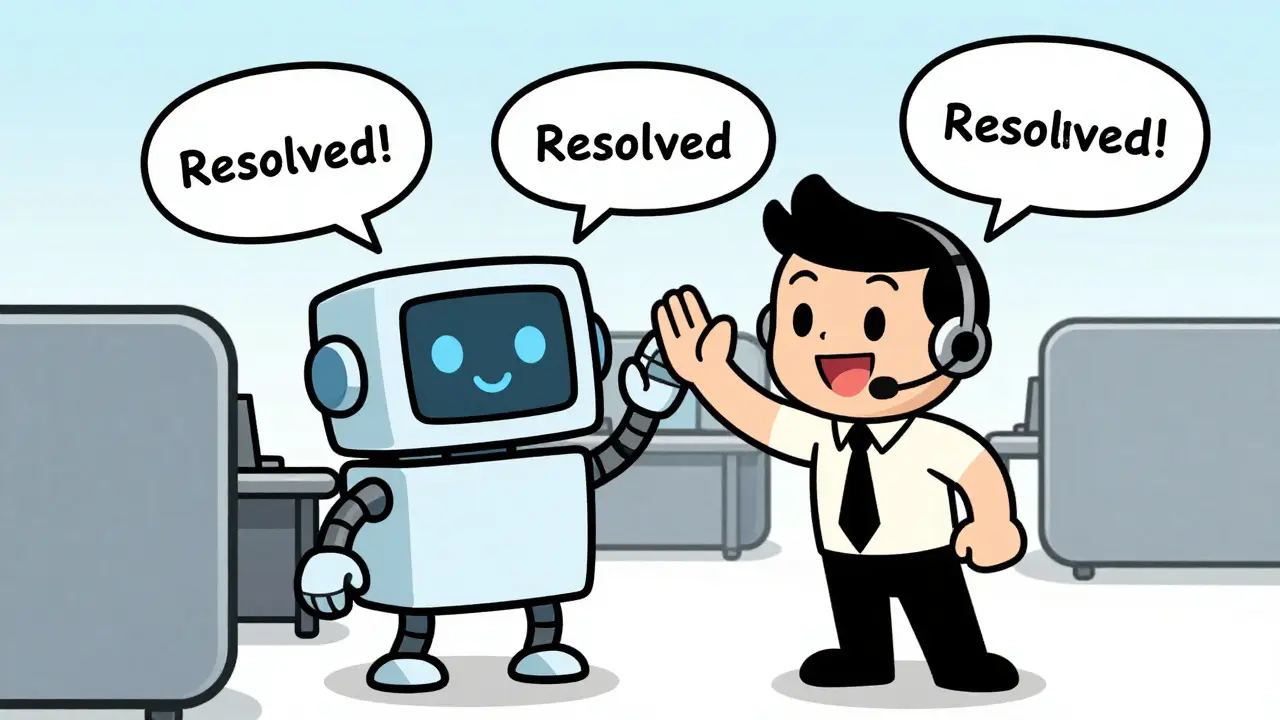 Happy human agent and cute robot high-fiving in a cartoon office setting