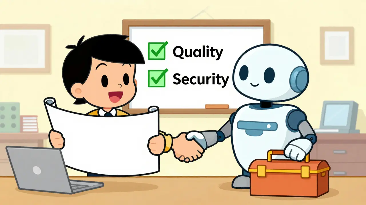 Human and AI robot collaborating on a project board with green checkmarks.