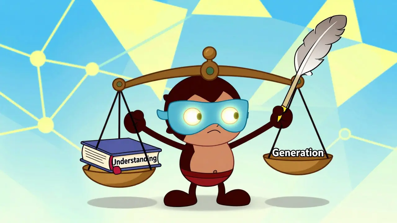 Hybrid AI character balancing understanding and generation tasks.