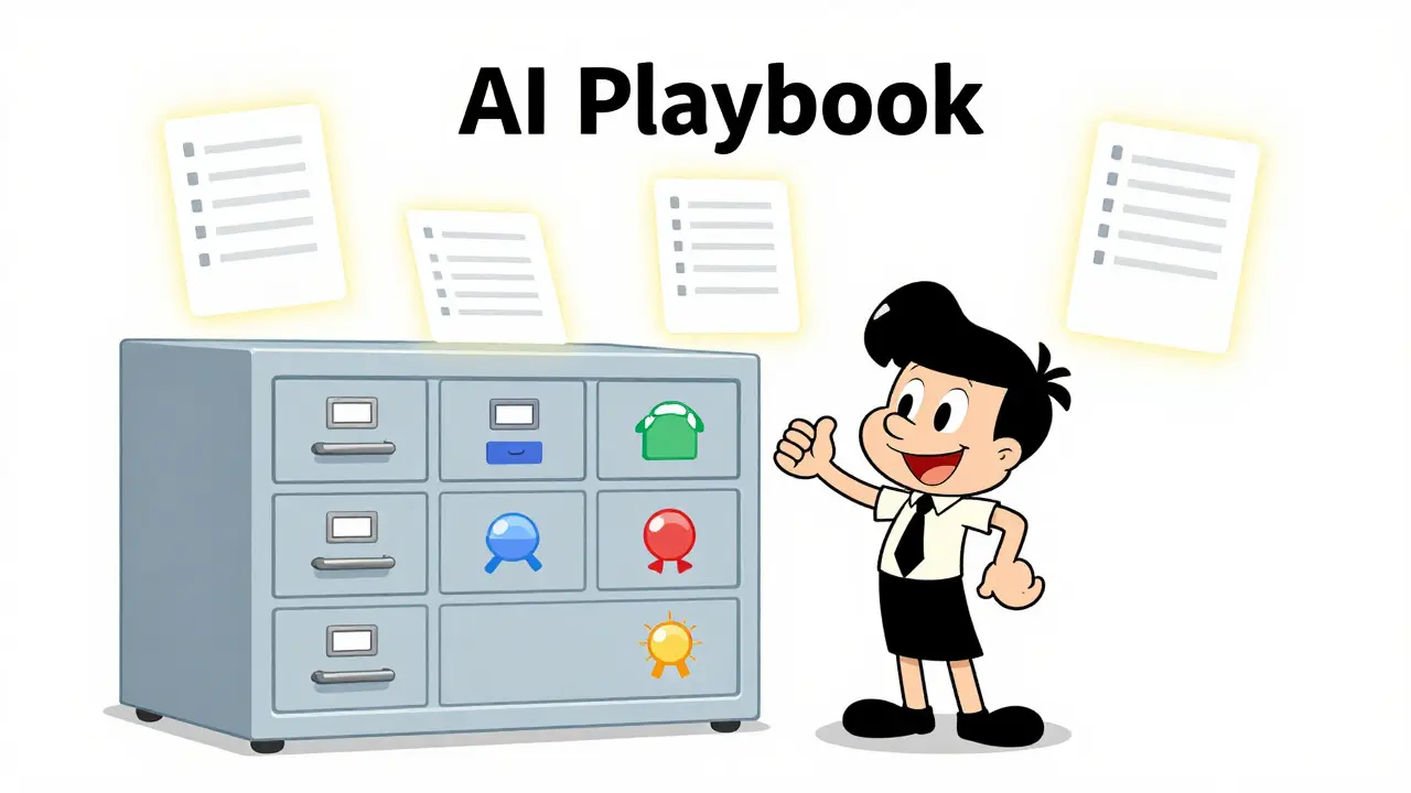 Illustration of an organized AI playbook with template cards floating above
