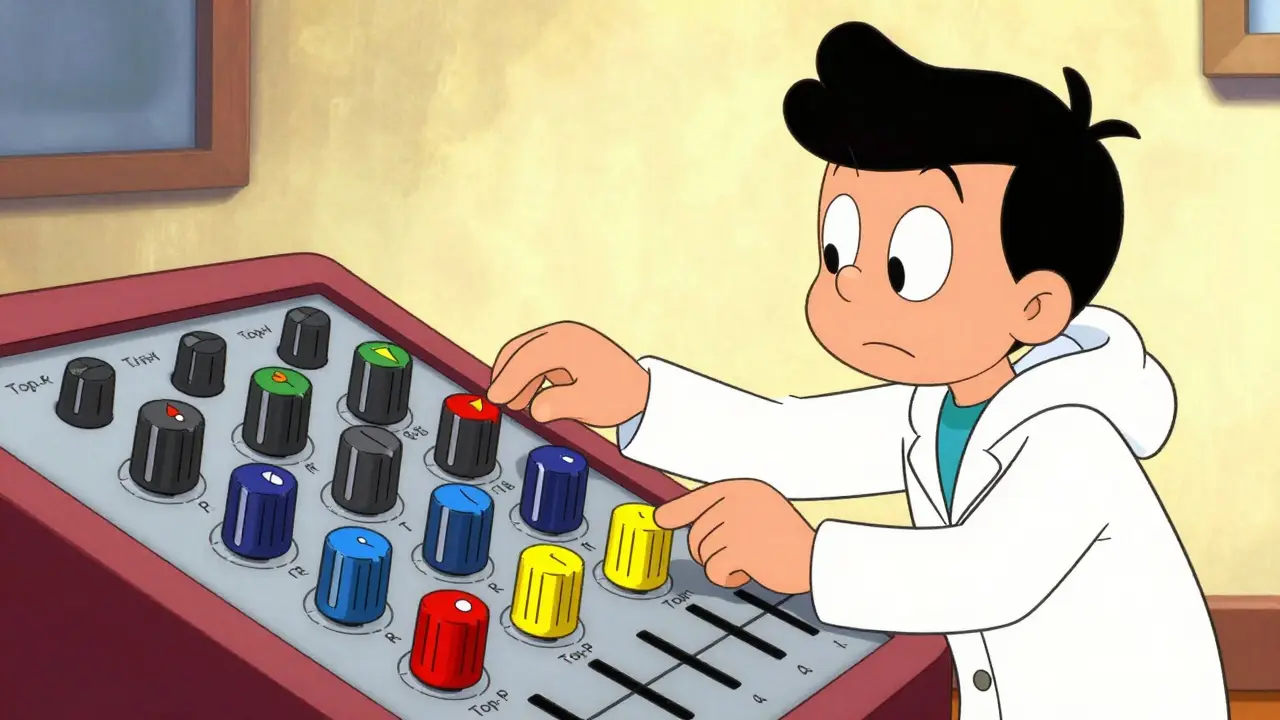 Illustration of person tuning AI creativity knobs on a mixer console