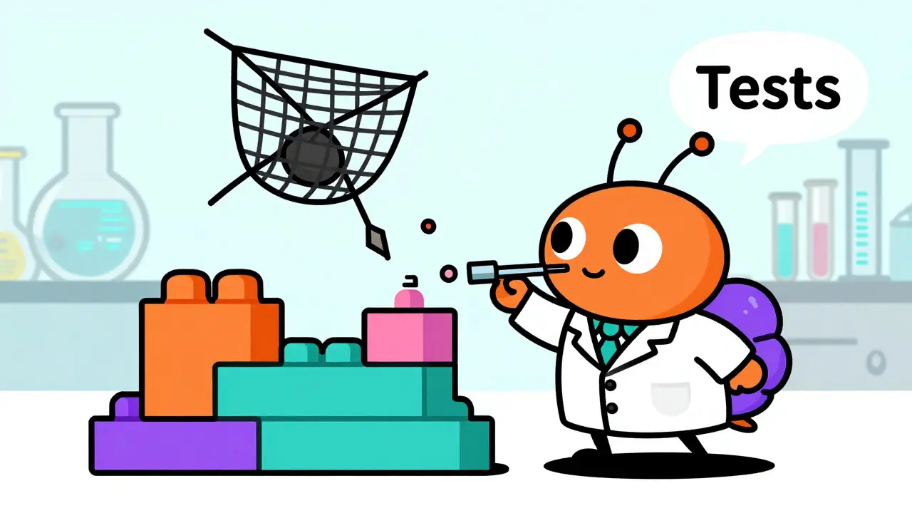 Lab-coated bug tweaking code blocks to test if errors are caught