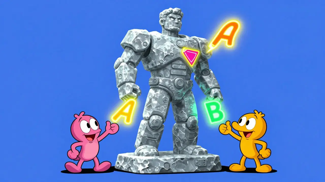 LoRA concept: Small colorful patches updating a frozen giant model statue.