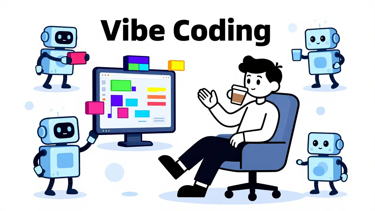 Relaxed developer directing friendly AI robots to build an app automatically