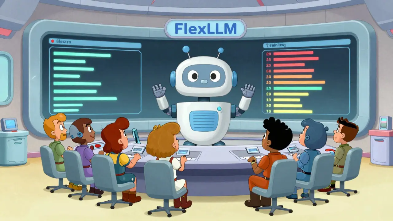 Retro-futuristic engineers monitoring simultaneous AI training and inference.