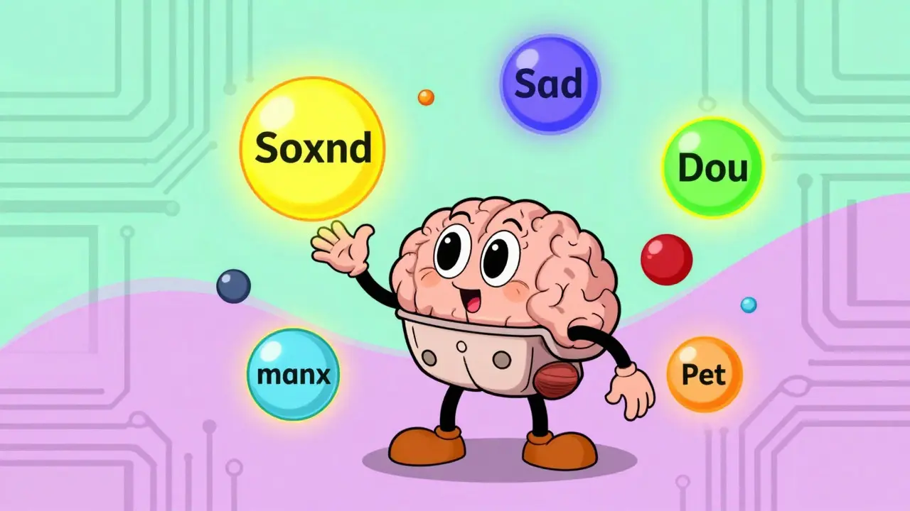 Robot brain juggling colored orbs representing word probabilities