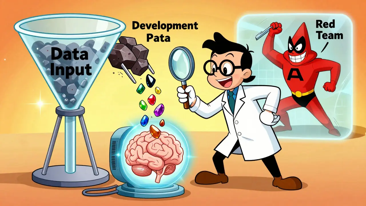 Scientist cleaning data input while red team tests AI safety shields