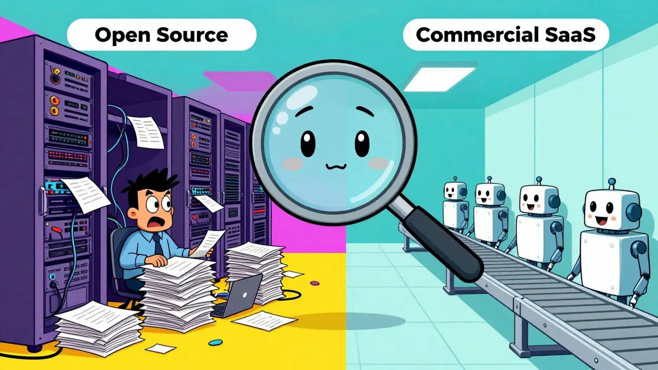 Split screen comparing messy open source vs sleek commercial AI tools
