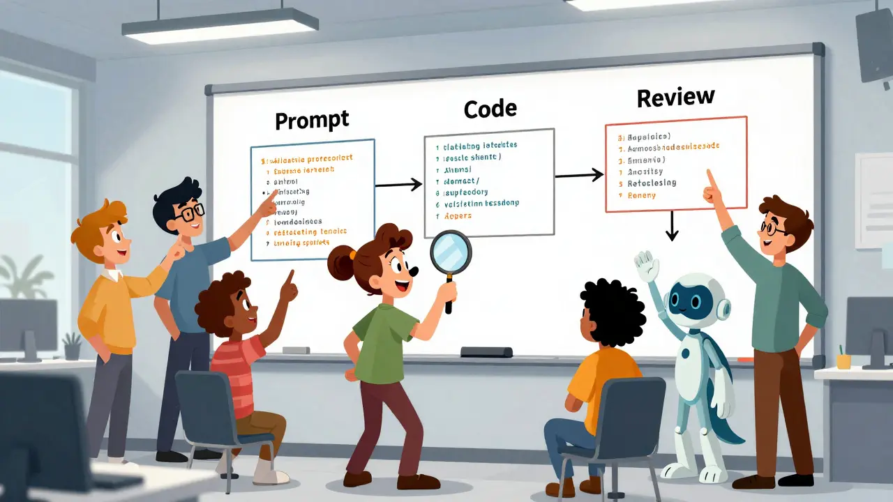 Team reviewing AI code with human oversight