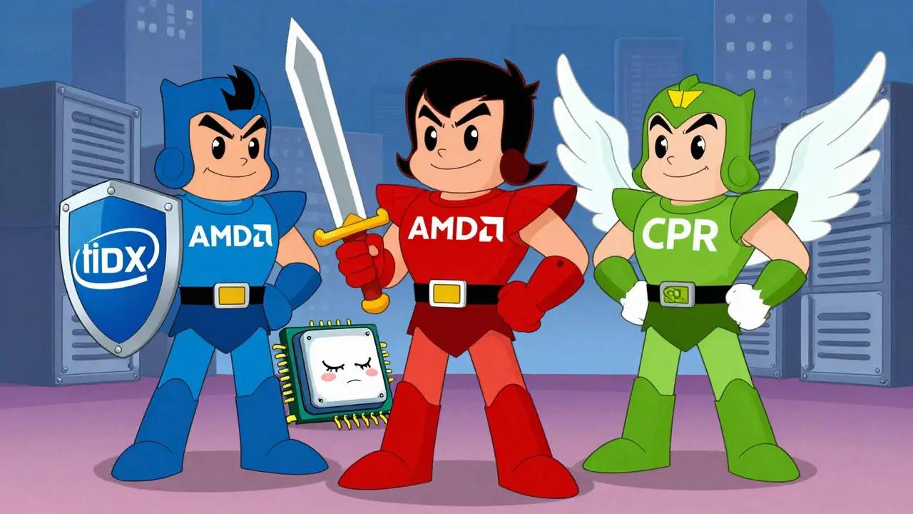 Three superhero-style hardware vendors protecting a central computer chip