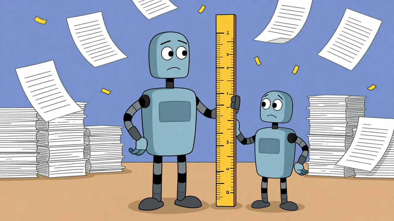 Two robots looking confused at a ruler that is too short to measure them