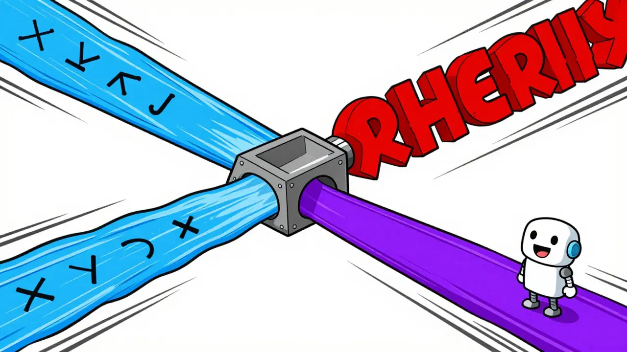Two streams merging into one, symbolizing hybrid search combining vectors and keywords.