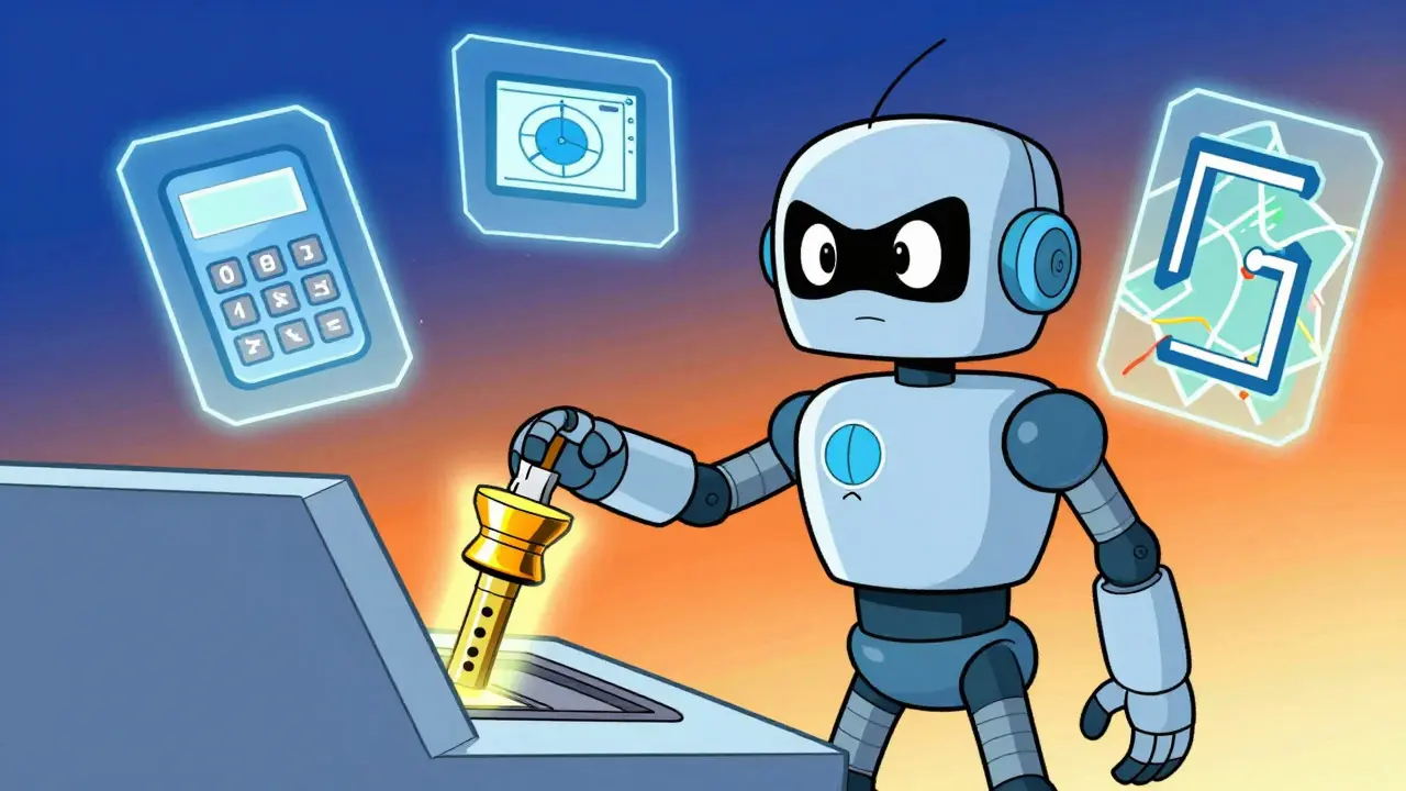 A robot connecting a glowing tool to its chest with floating tech icons