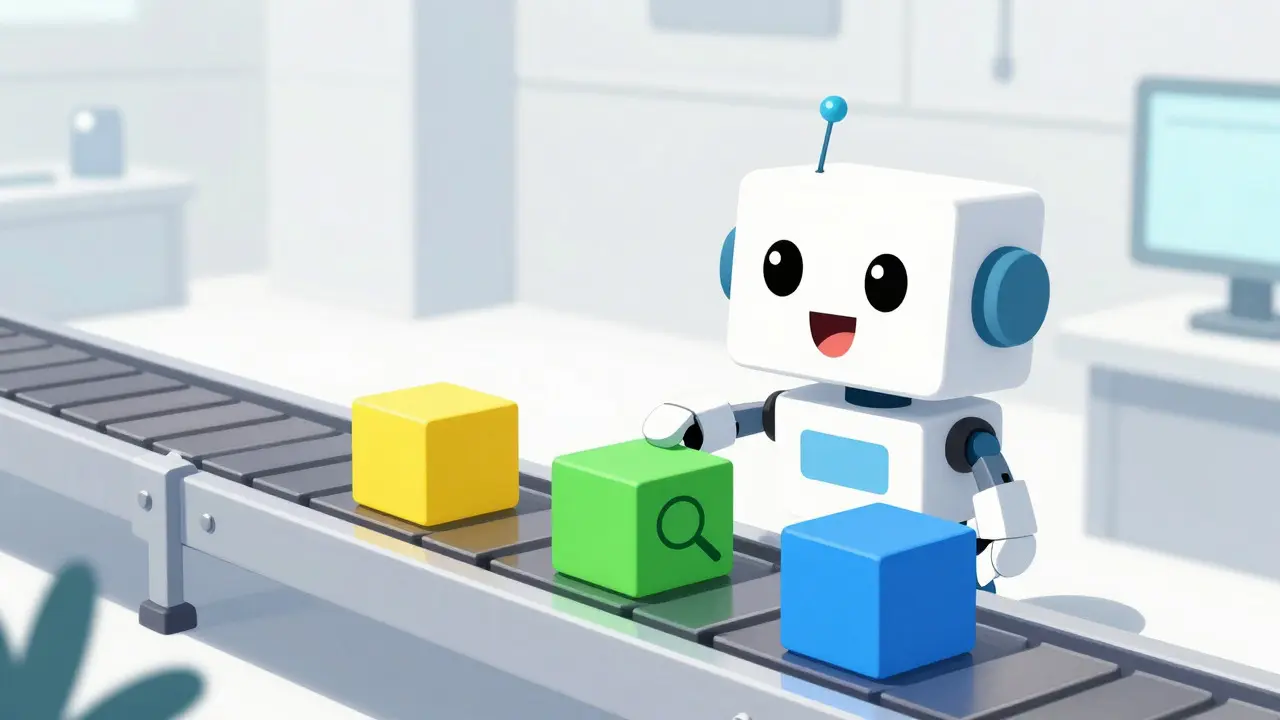 A robot managing a clean assembly line with colored reasoning blocks