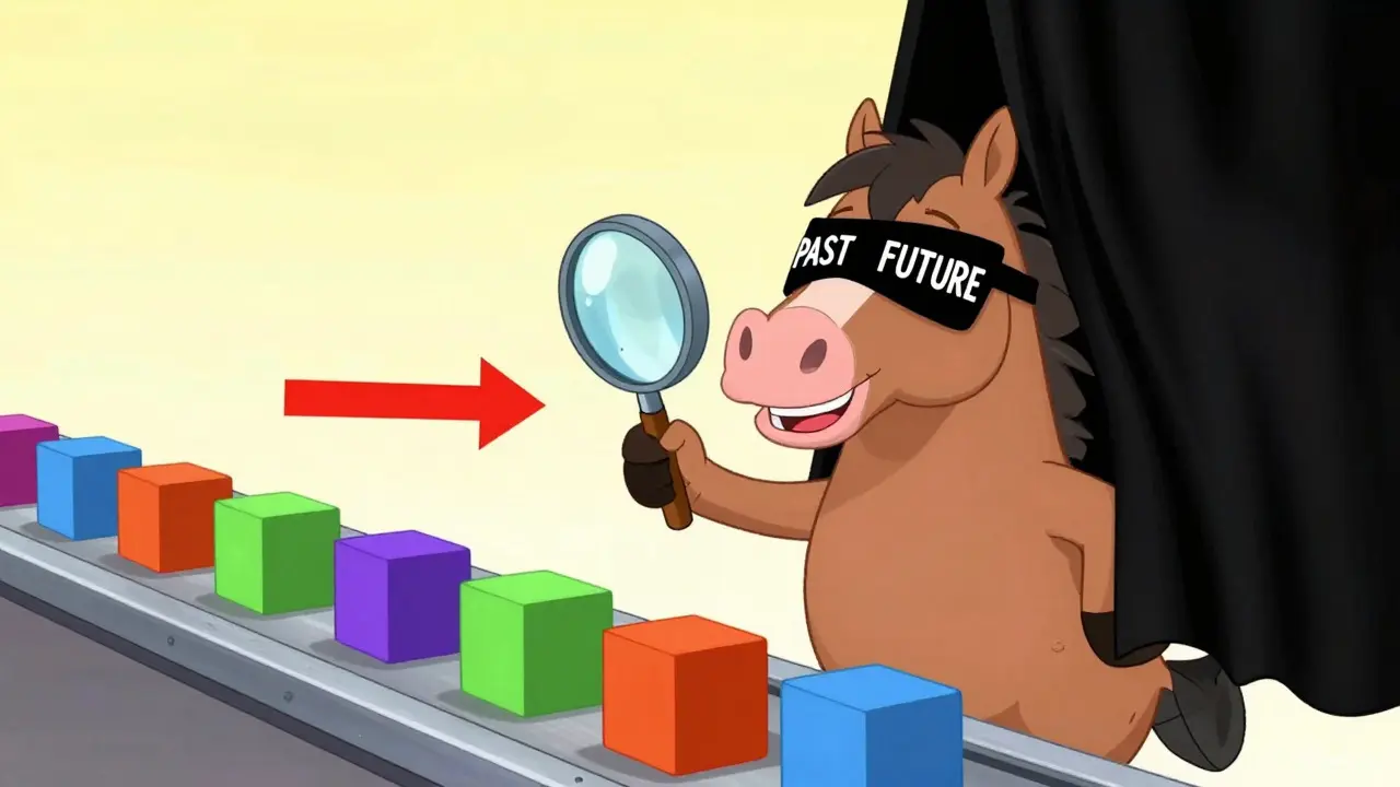 AI character with blinders viewing tokens sequentially