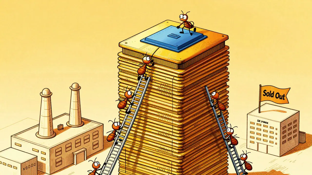 Animated HBM4 memory tower with data workers climbing ladders