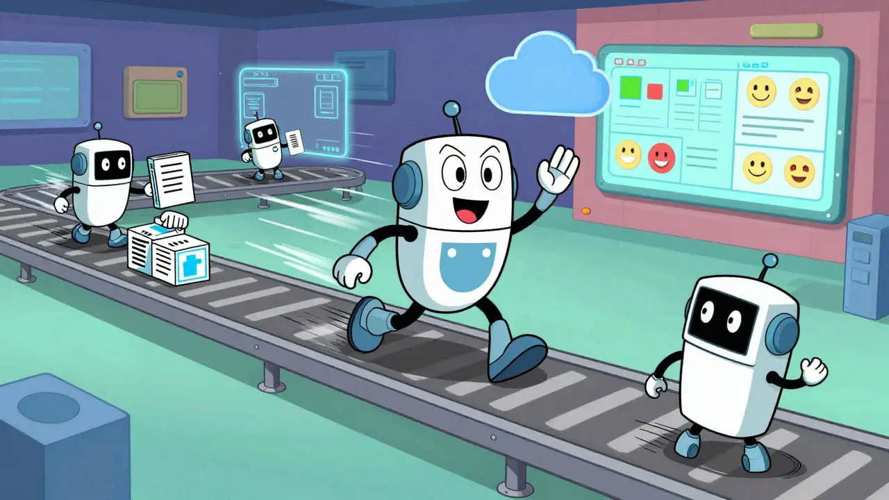 Anthropomorphic robots managing an automated CI/CD pipeline in a colorful control room