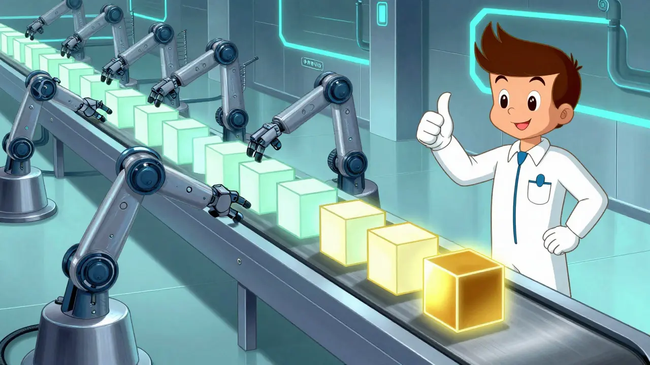 Cartoon assembly line producing perfect golden cubes