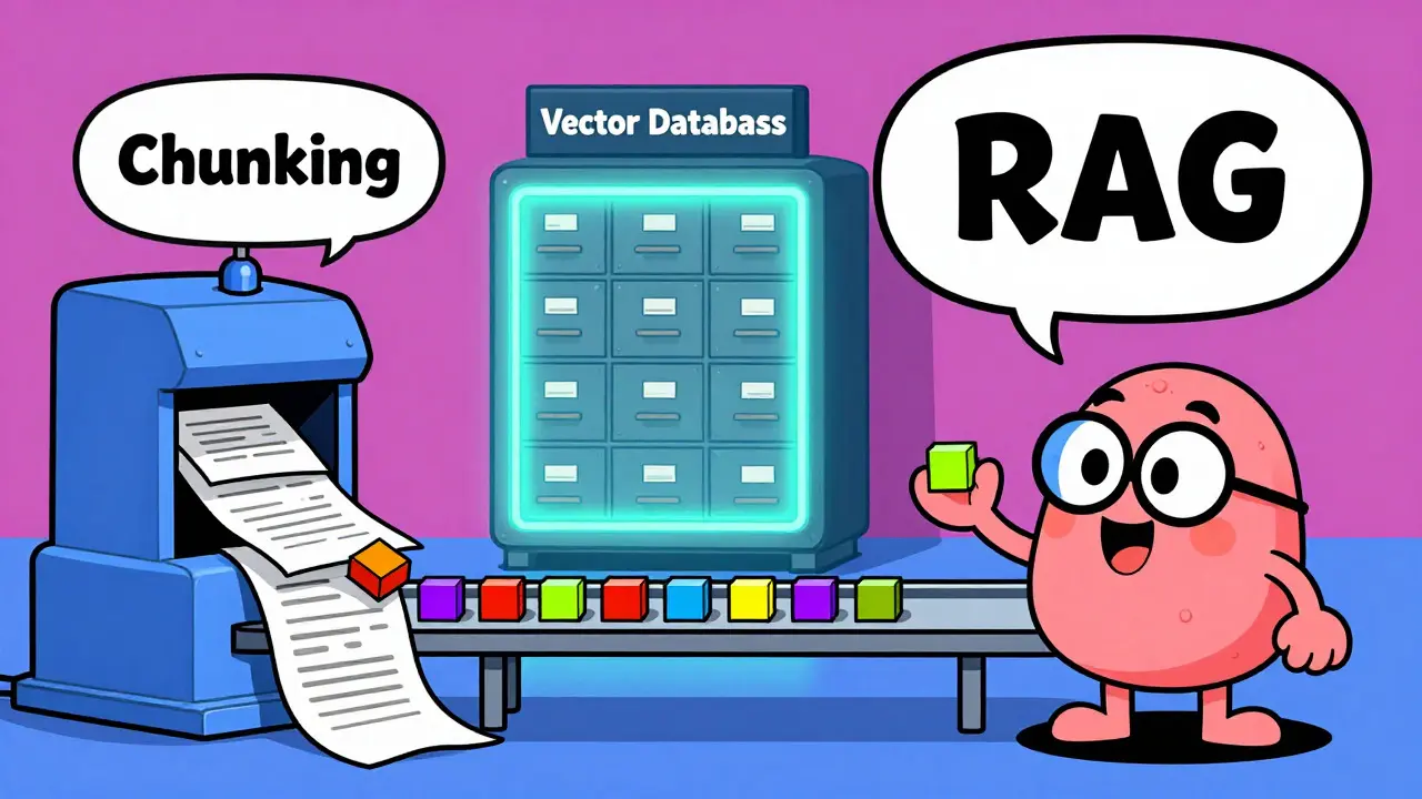 Cartoon assembly line showing documents being chunked, stored in vectors, and answered by an AI brain.