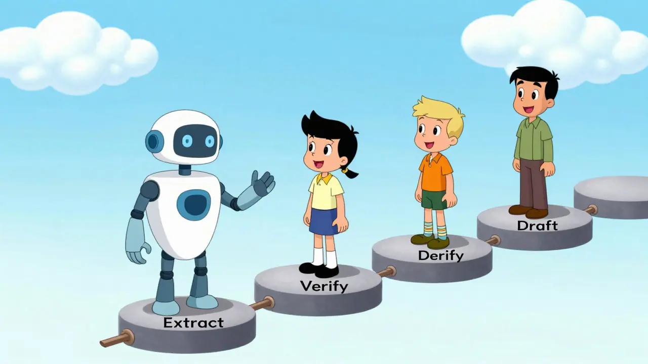 Cartoon characters walking on stepping stones representing AI steps