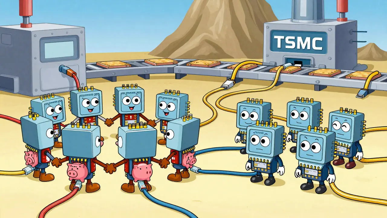 Cartoon chips connected by Ethernet and proprietary cables