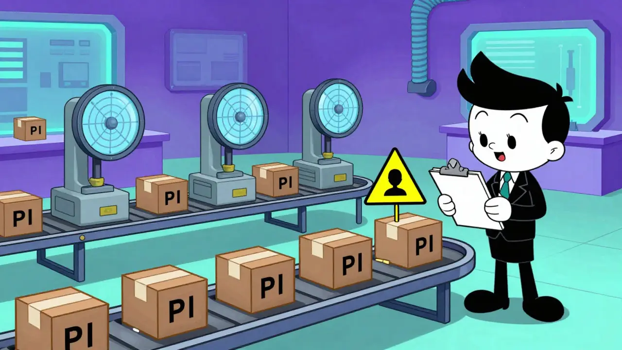 Cartoon CI/CD pipeline scanning code for PII with a human supervisor reviewing alerts