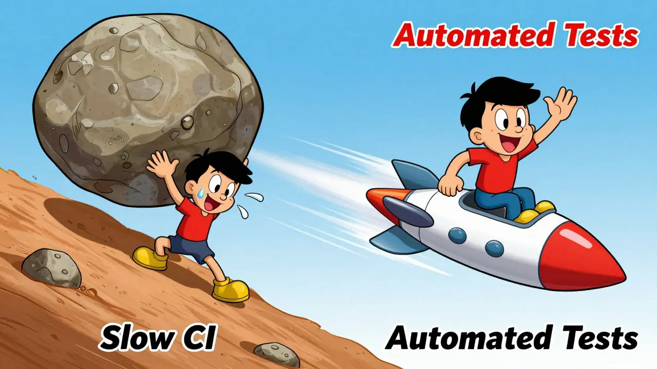 Cartoon contrast between slow work and fast automation