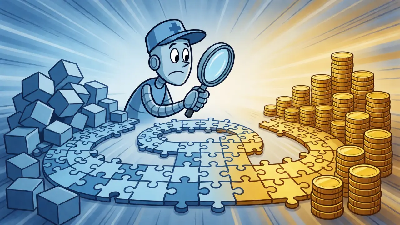 Cartoon engineer analyzing logical steps in a puzzle path