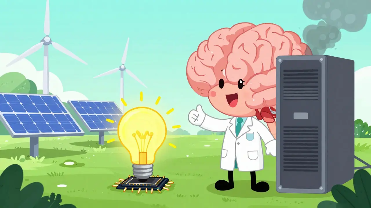 Cartoon of a scientist comparing an efficient chip to a large GPU with renewable energy sources