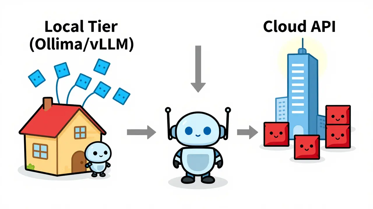 Cartoon router directing simple tasks locally and complex ones to cloud