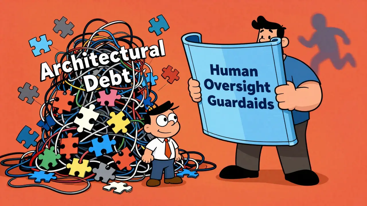 Cartoon showing a human using a blueprint shield to manage chaotic AI code