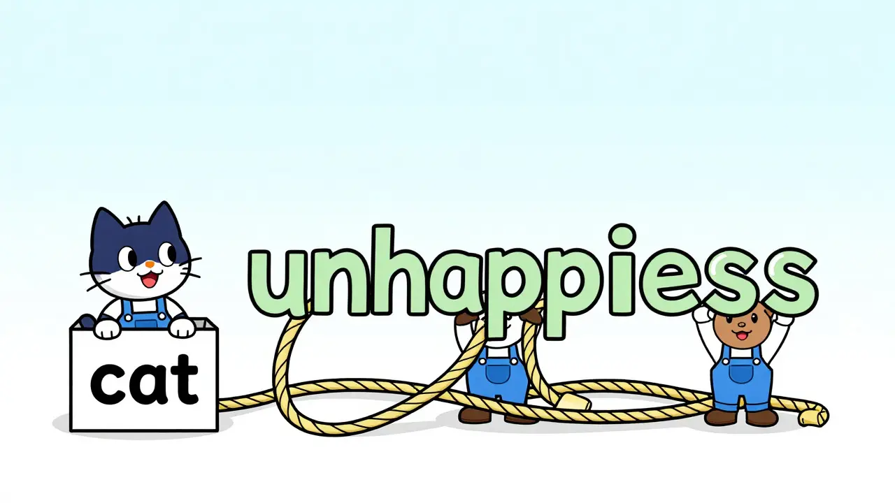 Cartoon showing BPE splitting words into parts