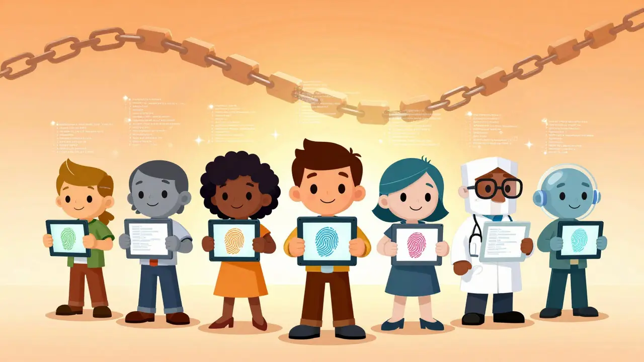 Cartoon showing developers holding tablets with fingerprints and a blockchain chain behind them