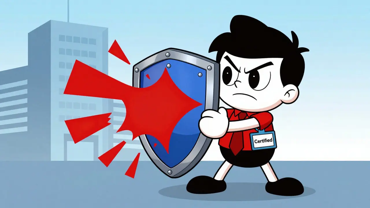 Character holding shield against security threats in cartoon style
