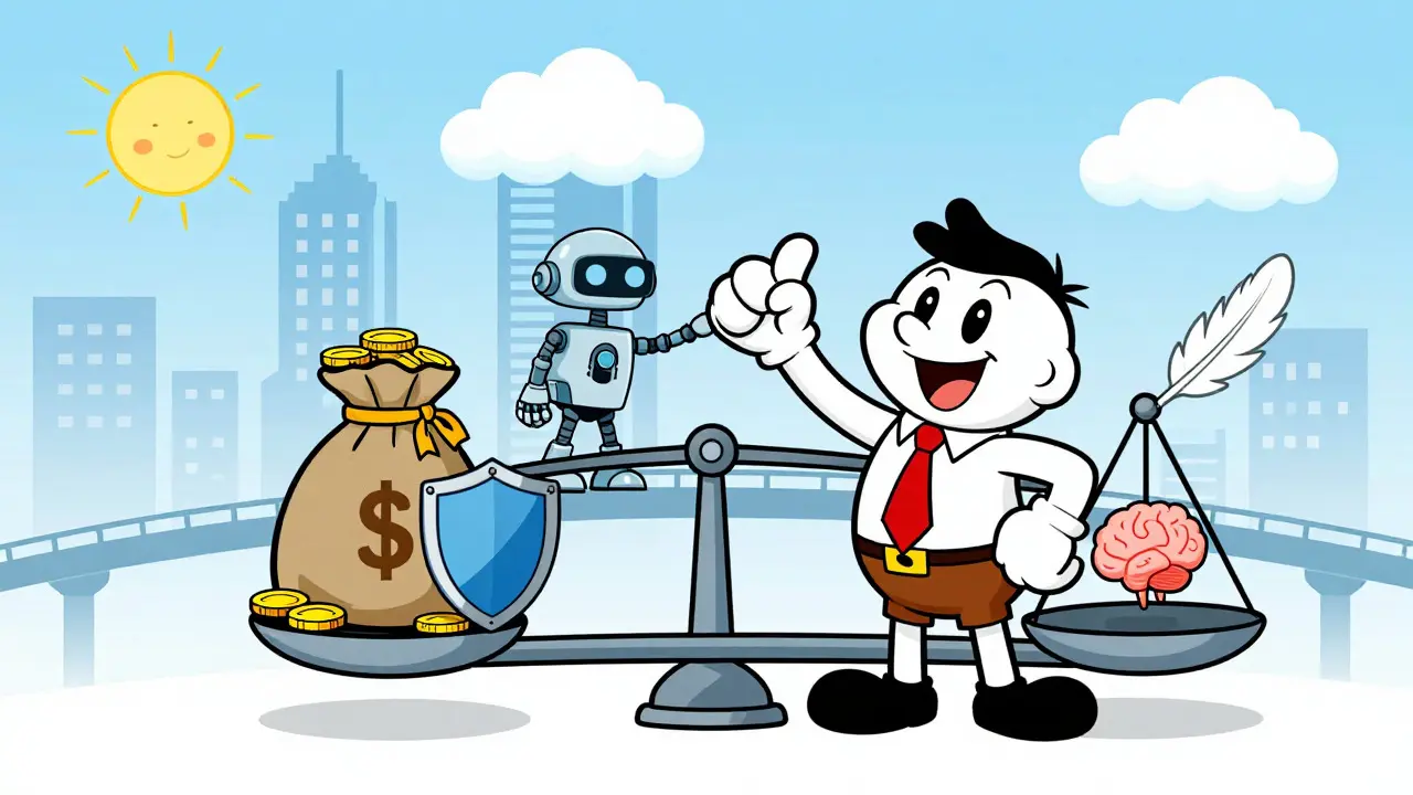 Developer celebrating balanced hybrid AI system with saved costs