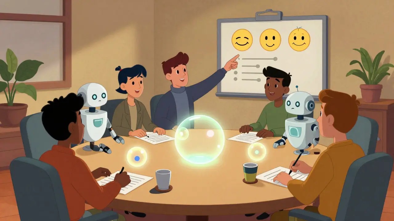 Developers and robots working together around a table with glowing data orbs