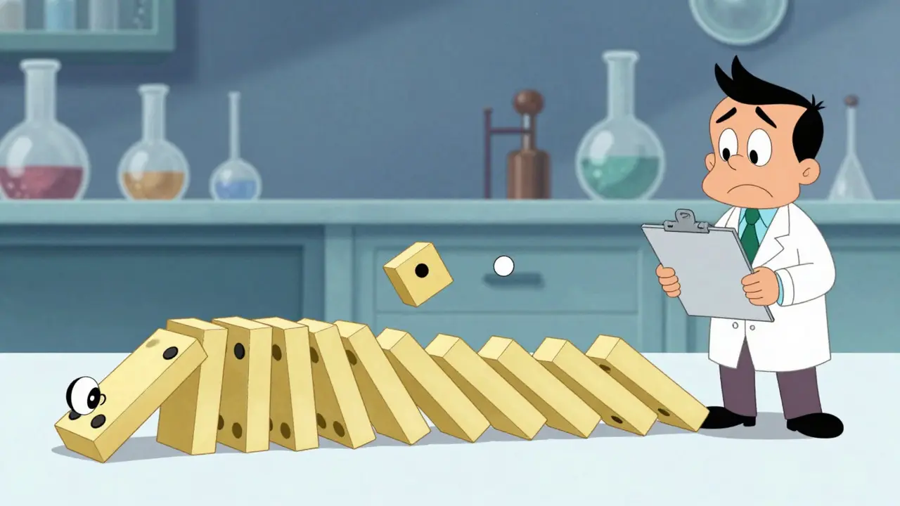 Domino effect of falling blocks illustrating error propagation