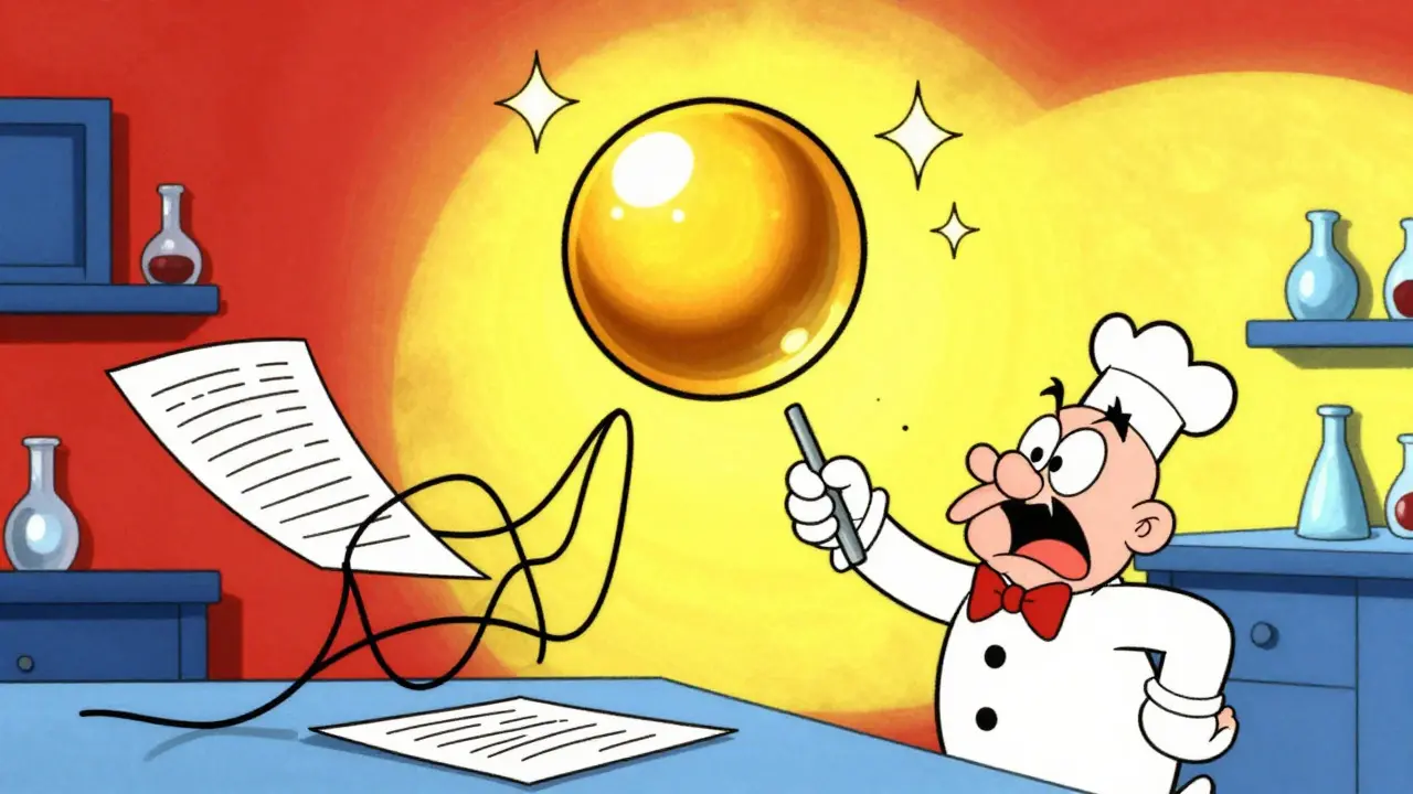 Frustrated cartoon chemist trying to catch a perfect floating molecule with a net.