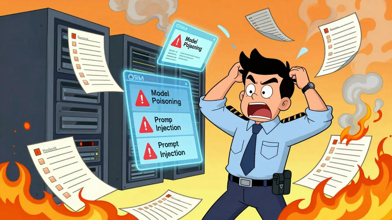 Frustrated manager amidst burning checklists and digital warnings in retro cartoon style.